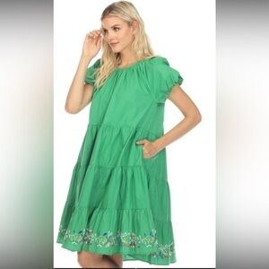 Johnny Was Amanza Puff Sleeve embroidered Eyelet tiered midi dress spring